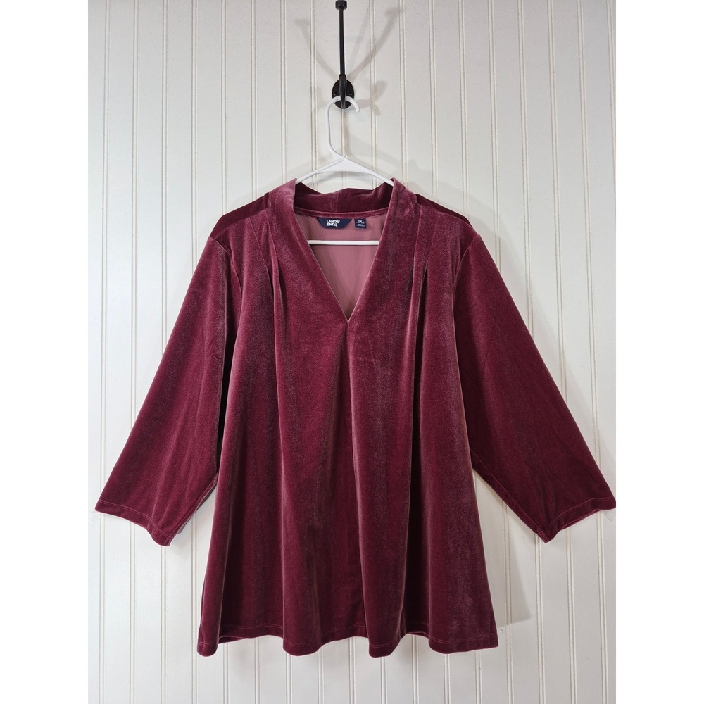 Lands End Womens 2X Burgundy Velour V-Neck Tunic Top 3/4 Sleeve Stretch Velvet